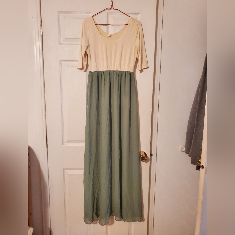 Gorgeous pink blush maternity dress floor/ankle length cream and sage green